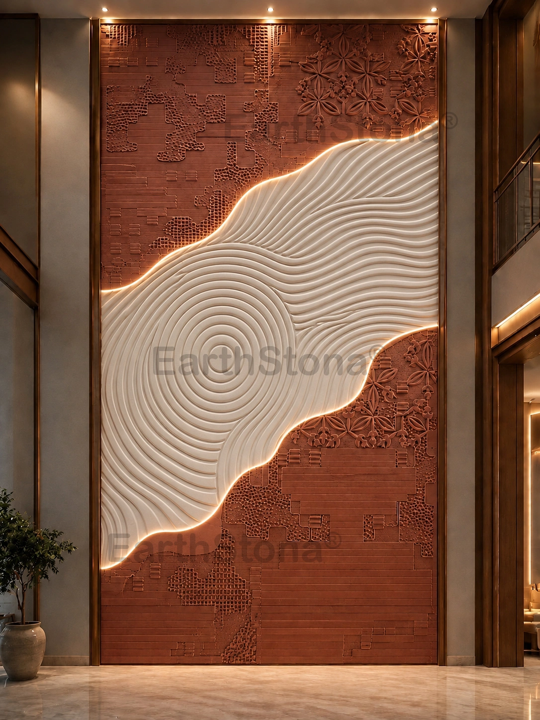 Modern abstract 3D natural sandstone wall cladding with geometric and floral carved patterns